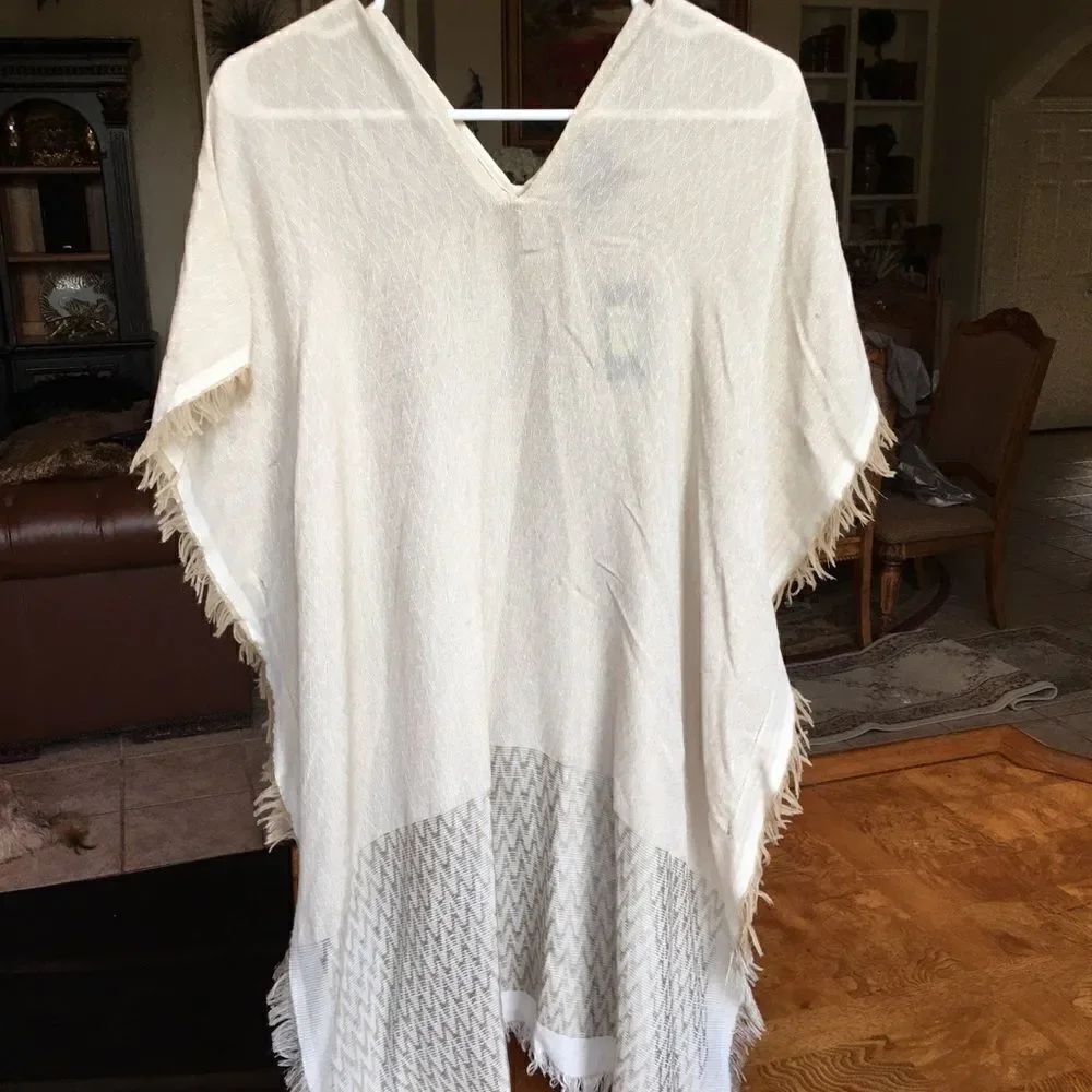 Caftan Cream & Sage w Fringe Drops Split Sides